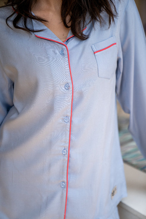 Women Summer Pajama Set Light Blue buttoned shirt + Pants